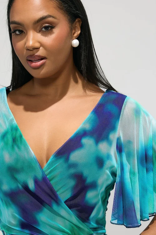 Yours London Curve Mint Green Blurred Abstract Mesh Dress - 22 Image 4