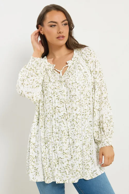 Yours Curve Ivory White Leaf Print Tie Neck Top - Size 22-24 Image 1