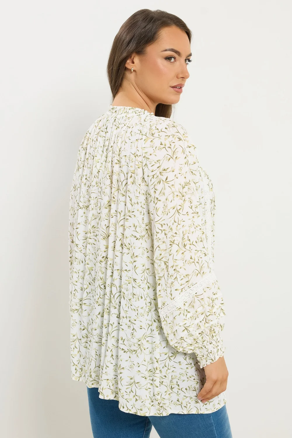 Yours Curve Ivory White Leaf Print Tie Neck Top - Size 22-24 Image 3