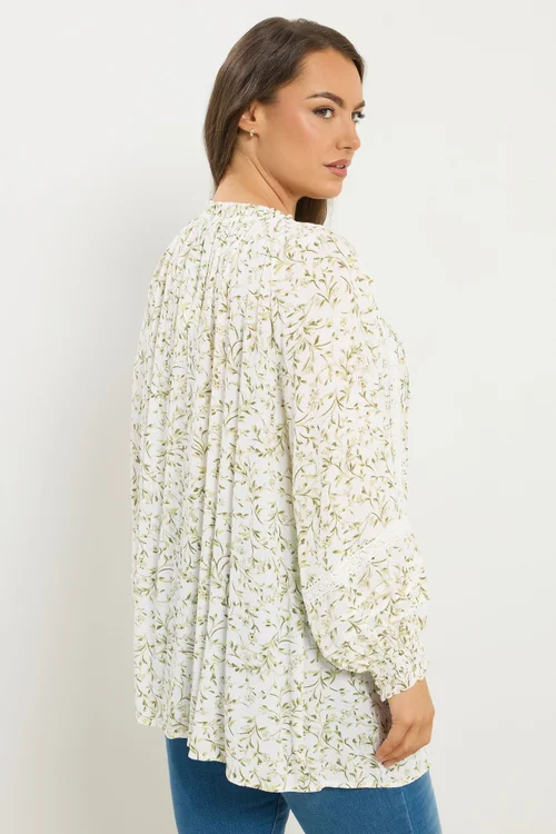 Yours Curve Ivory White Leaf Print Tie Neck Top - Size 22-24 Image 3