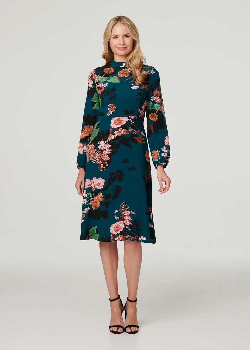 Izabel London Teal Floral Long Sleeve High Neck Midi Dress - 12 Izabel London Teal Floral Long Sleeve High Neck Midi Dress - 12