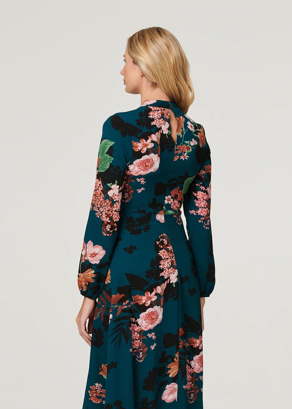 Izabel London Teal Floral Long Sleeve High Neck Midi Dress - 12 Izabel London Teal Floral Long Sleeve High Neck Midi Dress - 12