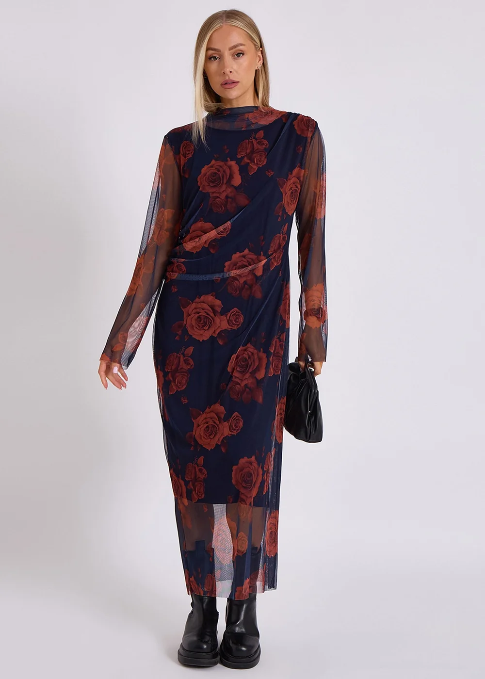 Gini London Navy Print Mesh Midi Dress - M/L Image 1