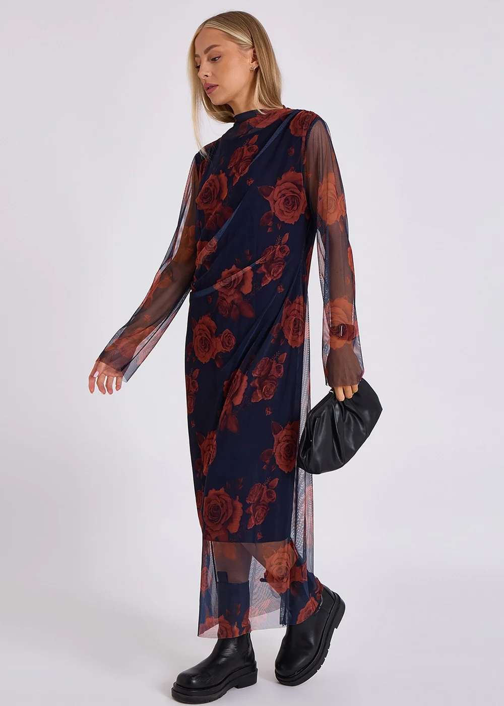 Gini London Navy Print Mesh Midi Dress - M/L Image 4