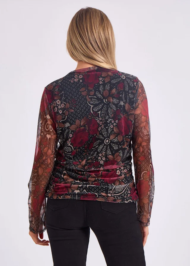 Gini London Burgundy Mesh Printed Ruched Front Top
