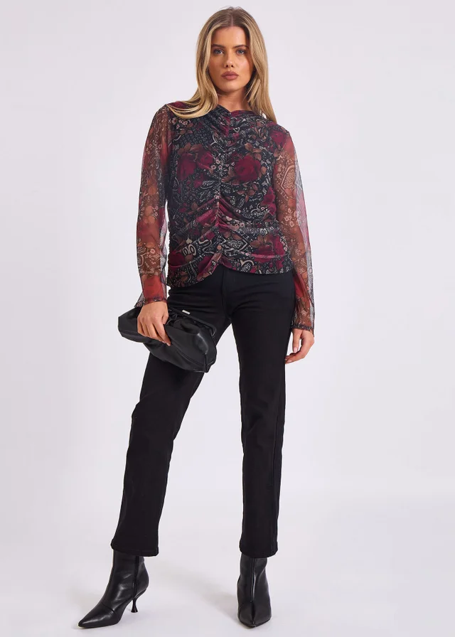 Gini London Burgundy Mesh Printed Ruched Front Top