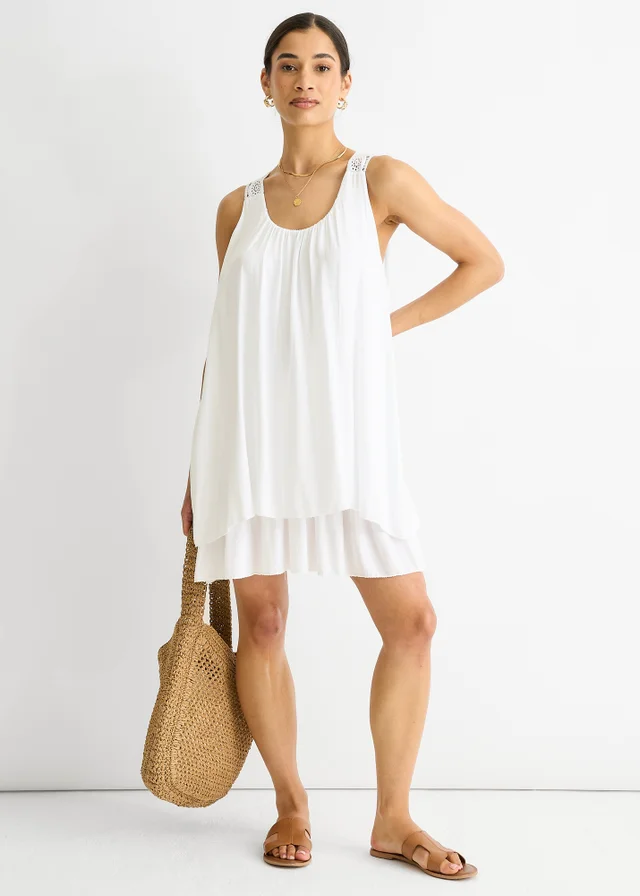 Gini London White Crochet Panel Double Layer Cotton Mini Dress
