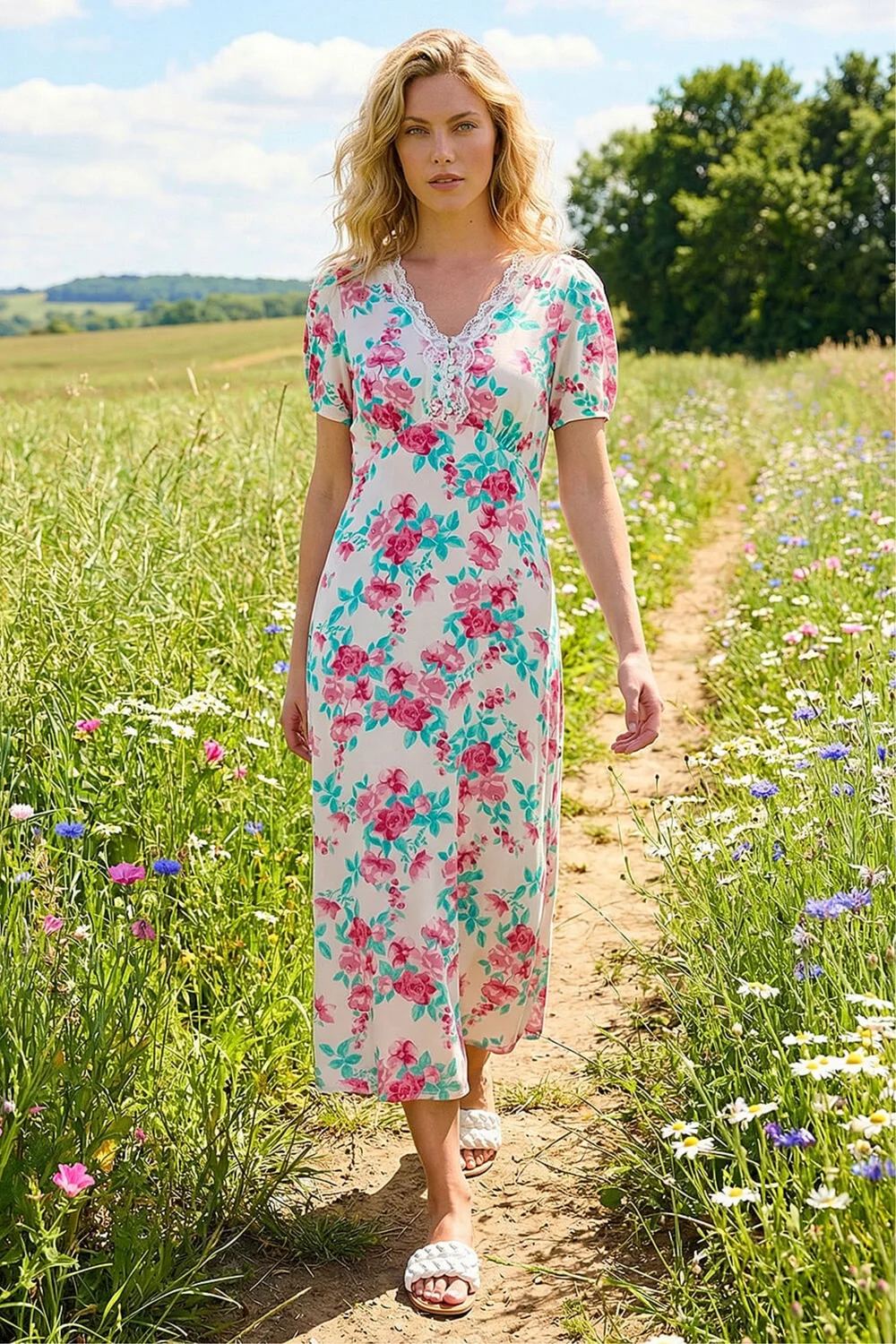 Roman Ivory Floral Lace Trim Midi Dress - 20 Image 1