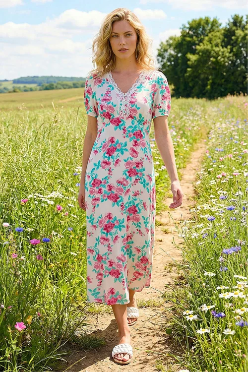 Roman Ivory Floral Lace Trim Midi Dress - 20 Image 1