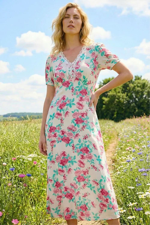 Roman Ivory Floral Lace Trim Midi Dress - 20 Image 2