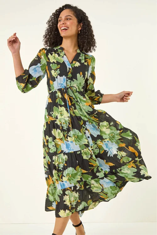 Roman Green Floral Tiered Button Midi Dress - 20 Image 1
