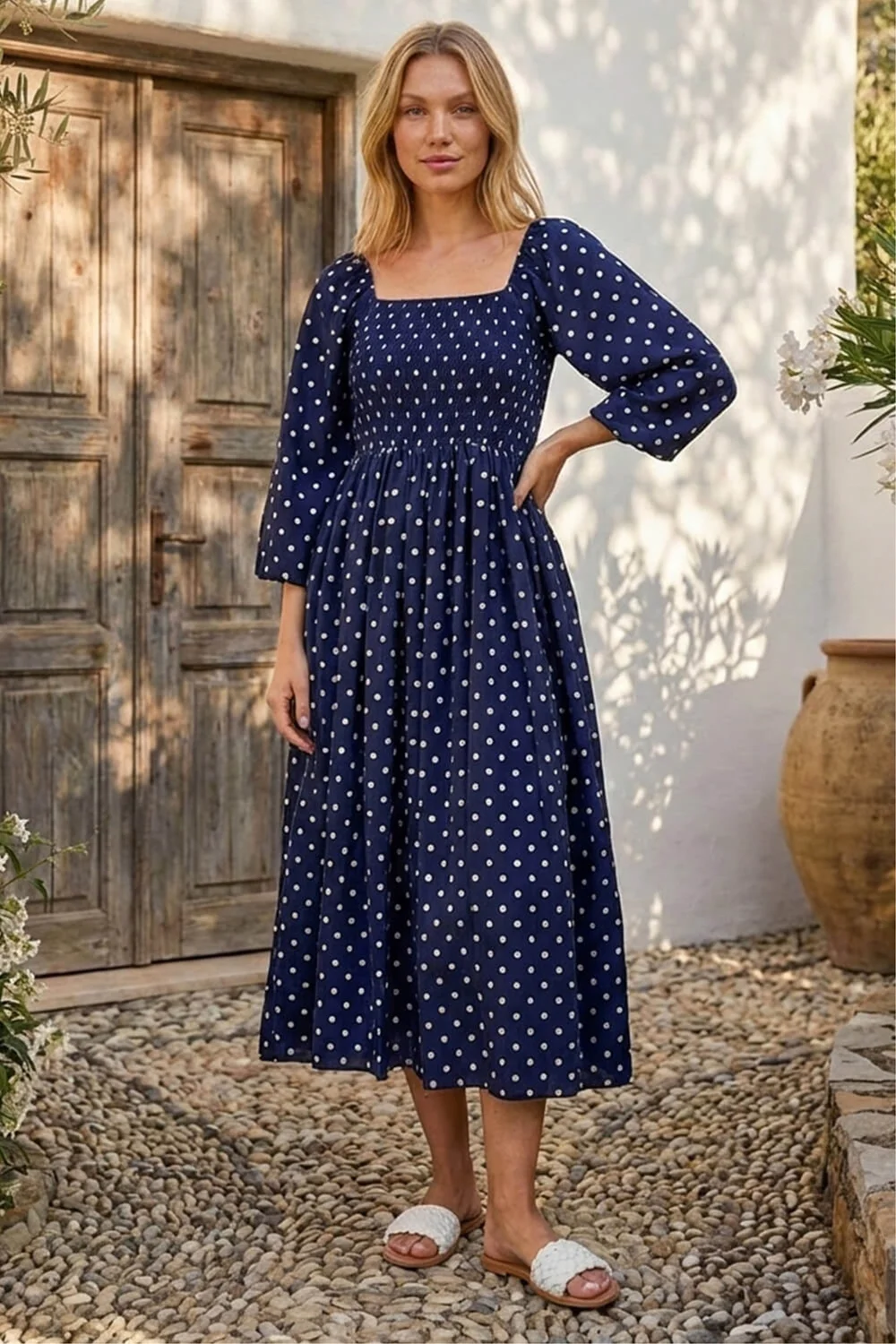 Roman Navy Polka Dot Shirred Midi Dress - 14 Image 1