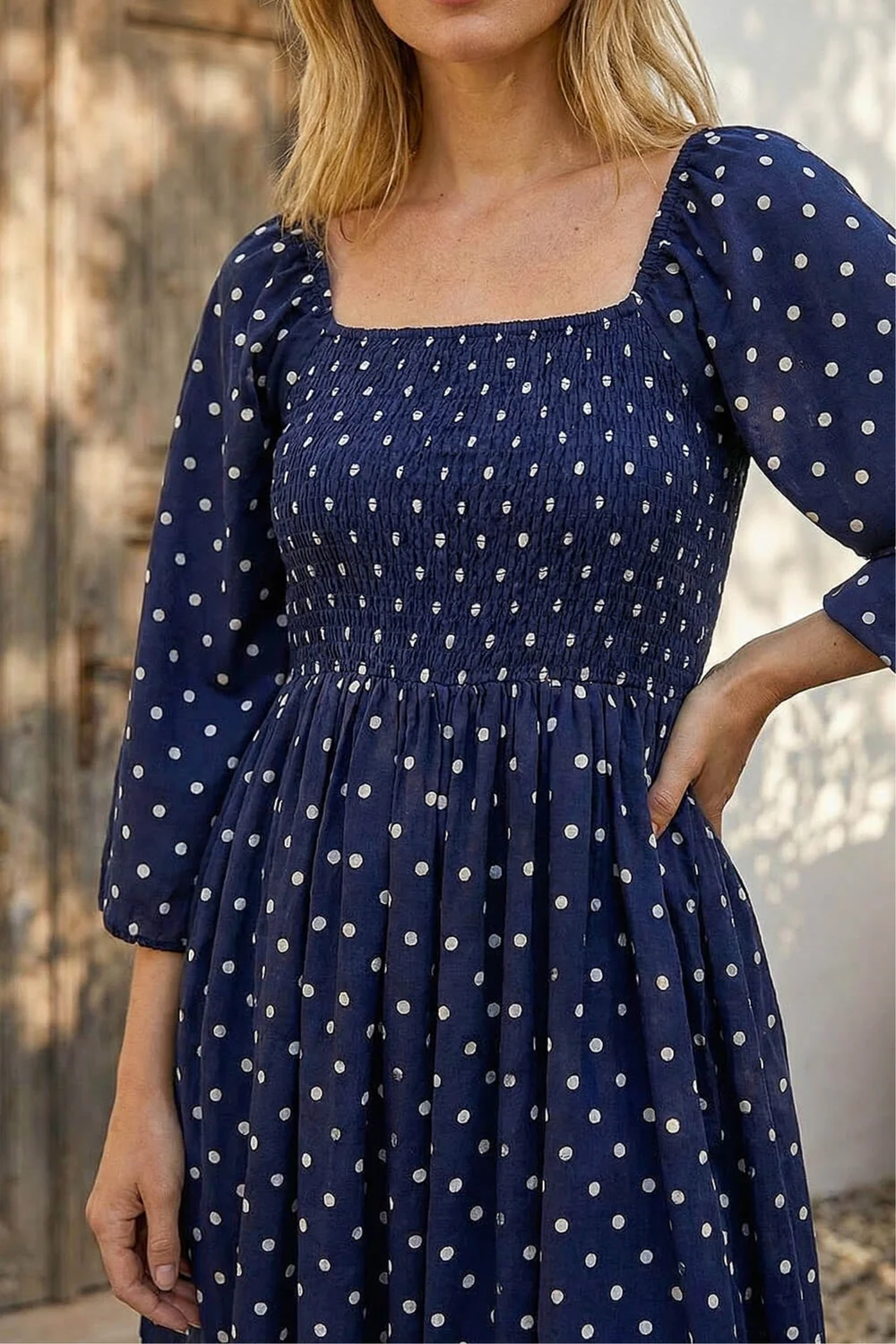Roman Navy Polka Dot Shirred Midi Dress - 14 Image 4
