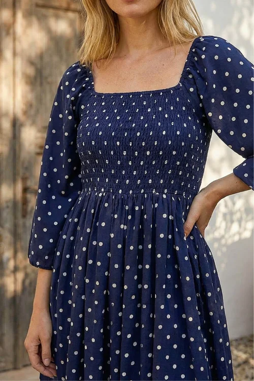 Roman Navy Polka Dot Shirred Midi Dress - 14 Image 4