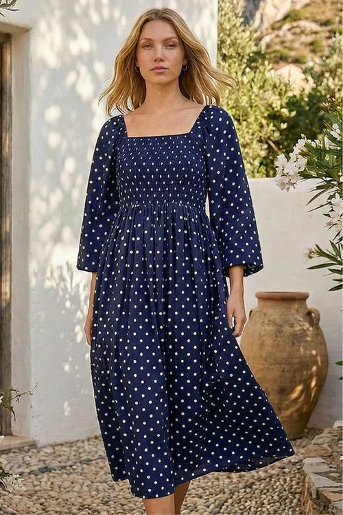 Roman Navy Polka Dot Shirred Midi Dress - 14 Image 2