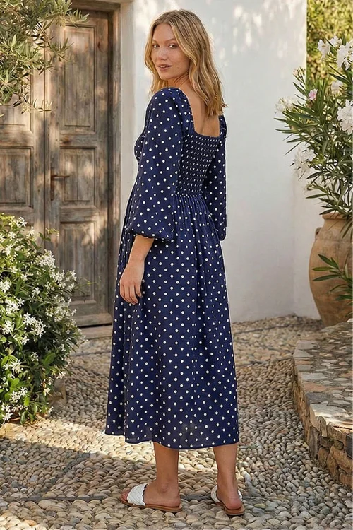 Roman Navy Polka Dot Shirred Midi Dress - 14 Image 3