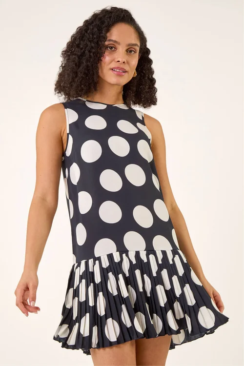 Roman Navy Spot Print Pleated A-Line Dress - 20 Image 1