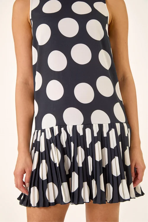 Roman Navy Spot Print Pleated A-Line Dress - 20 Image 4