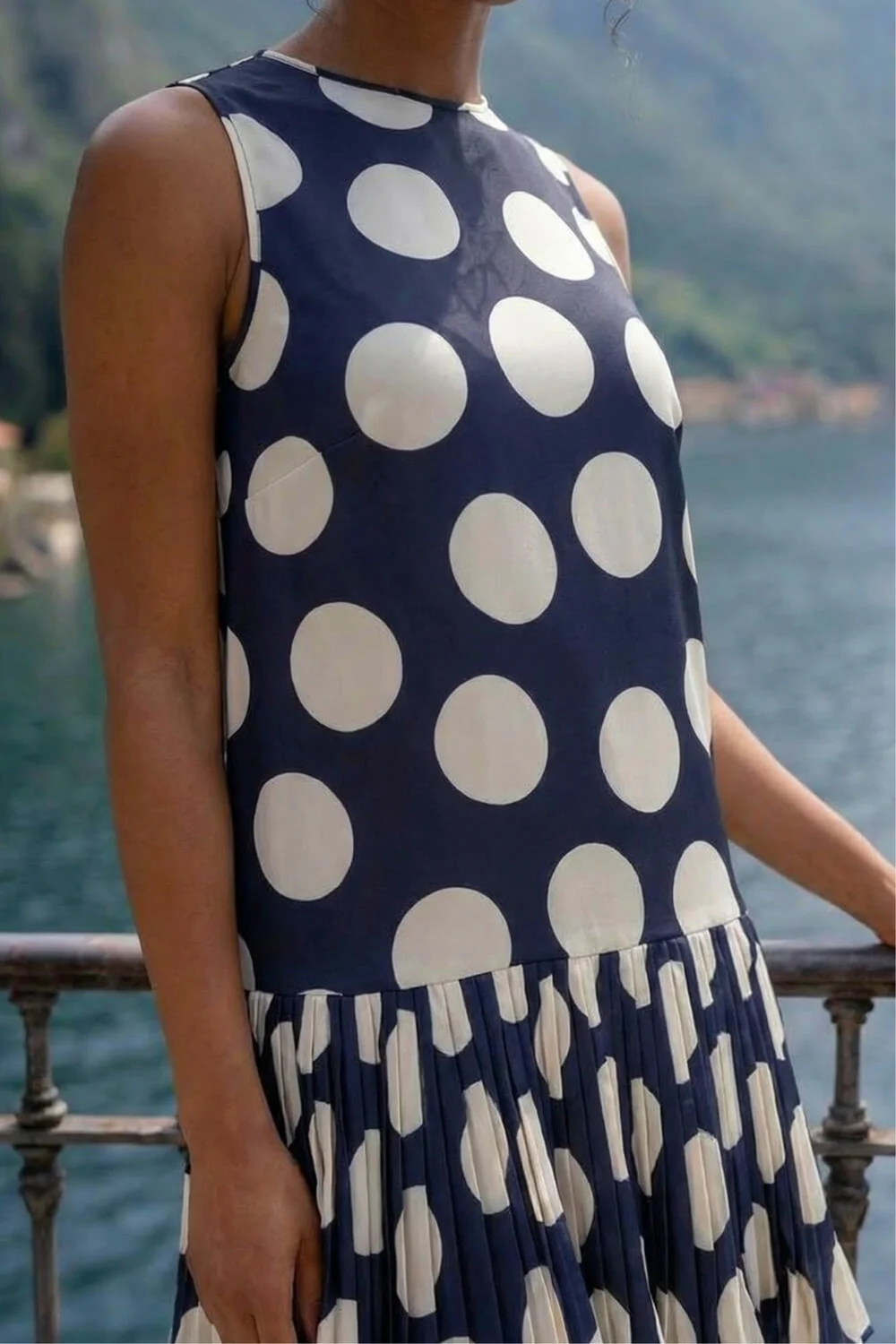 line and dot pleated dress Roman Navy Polka Dot Pleated A-Line Dress - 10