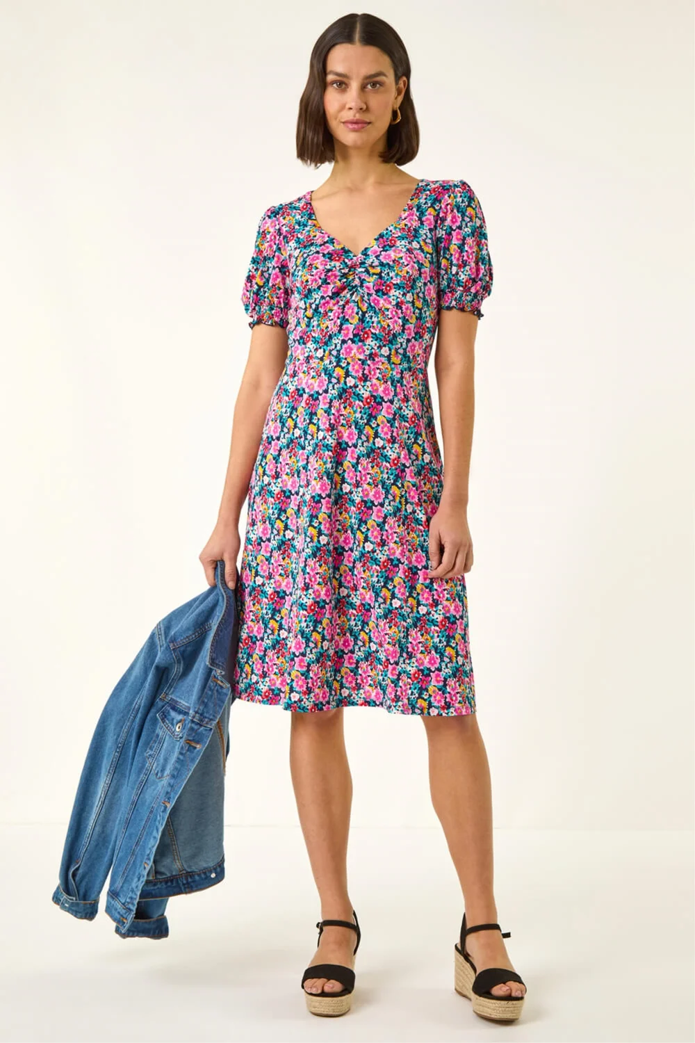 Roman Pink Floral Print Ruched Dress - 20 Image 2