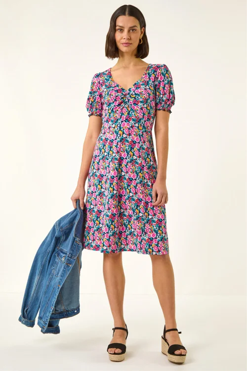 Roman Pink Floral Print Ruched Dress - 20 Image 2