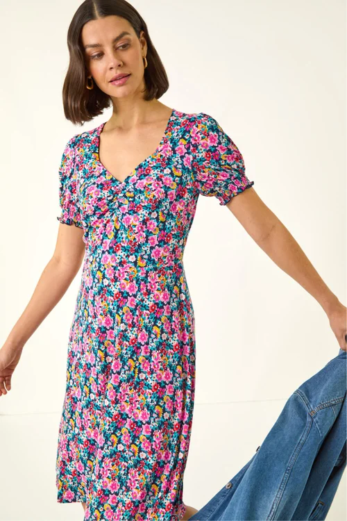 Roman Pink Floral Print Ruched Dress - 20 Image 1