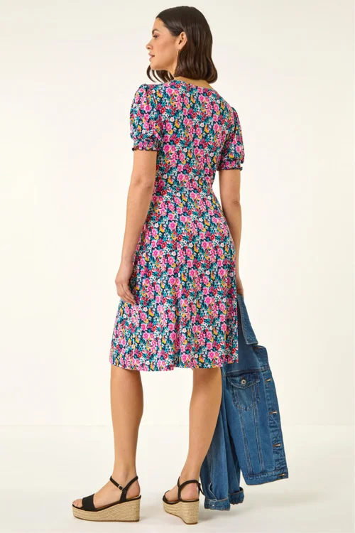Roman Pink Floral Print Ruched Dress - 20 Image 3