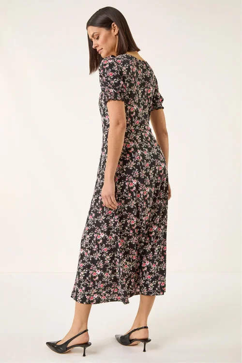 Roman Black Rose Print Ruched Midi Dress - 20 Image 3
