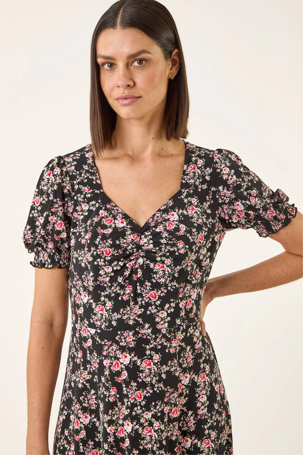 Roman Black Rose Print Ruched Midi Dress - 20 Image 4