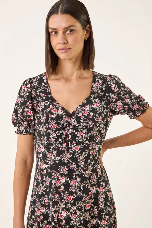 Roman Black Rose Print Ruched Midi Dress - 20 Image 4