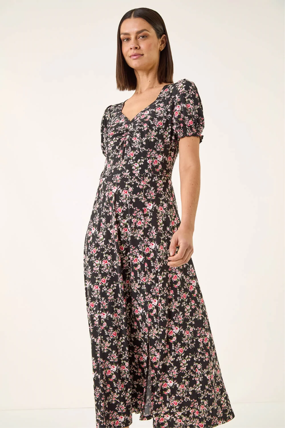 Roman Black Rose Print Ruched Midi Dress - 20 Image 1