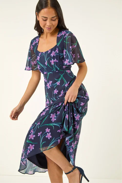 Roman Navy Petite Floral Midi Dress - 12 Image 1