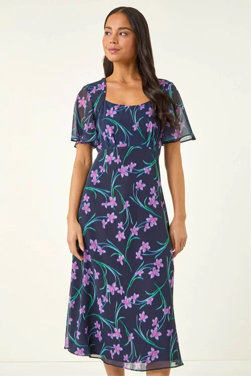 Roman Navy Petite Floral Midi Dress - 12 Image 4