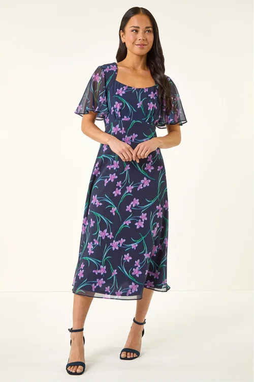 Roman Navy Petite Floral Midi Dress - 12 Image 2