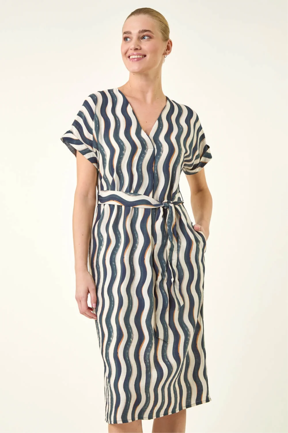 Roman Navy Wave Print Belted Midi Dress - 16 Image 1