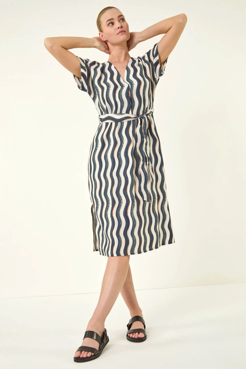 Roman Navy Wave Print Belted Midi Dress - 16 Image 2