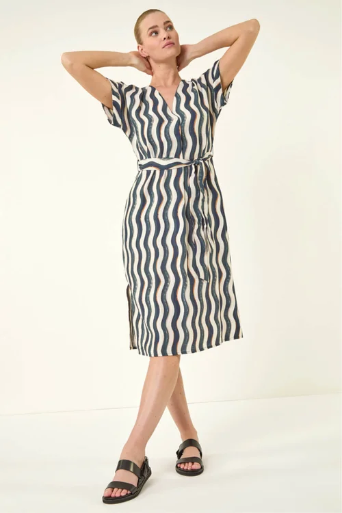Roman Navy Wave Print Belted Midi Dress - 16 Image 2