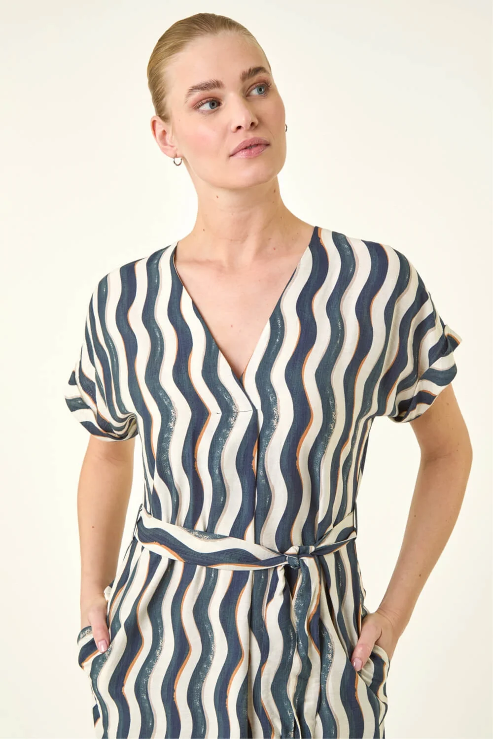 Roman Navy Wave Print Belted Midi Dress - 16 Image 4