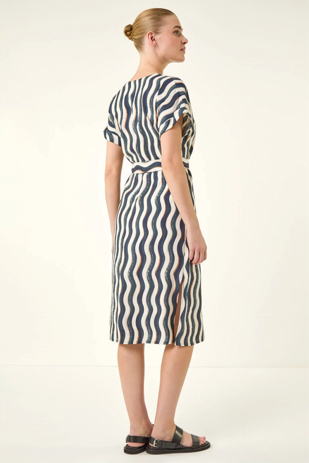 Roman Navy Wave Print Belted Midi Dress - 16 Image 3