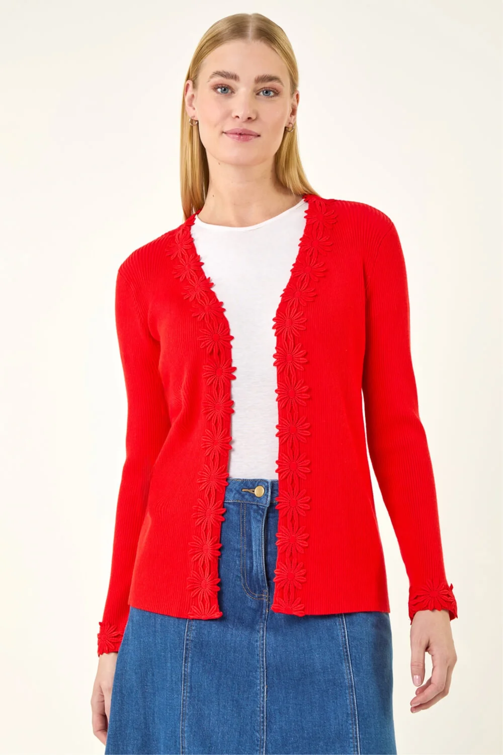 Roman Red Floral Lace Trim Knit Cardigan - Size 20 Image 4