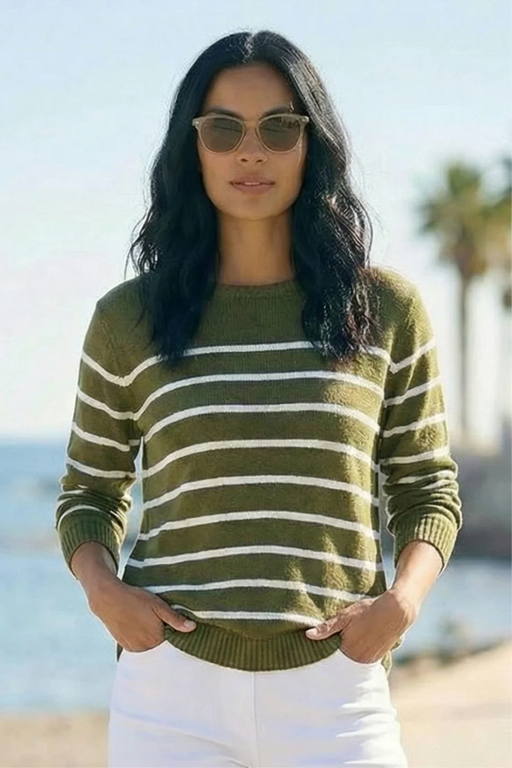 Roman Khaki Slash Neck Stripe Knit Jumper - L Image 3