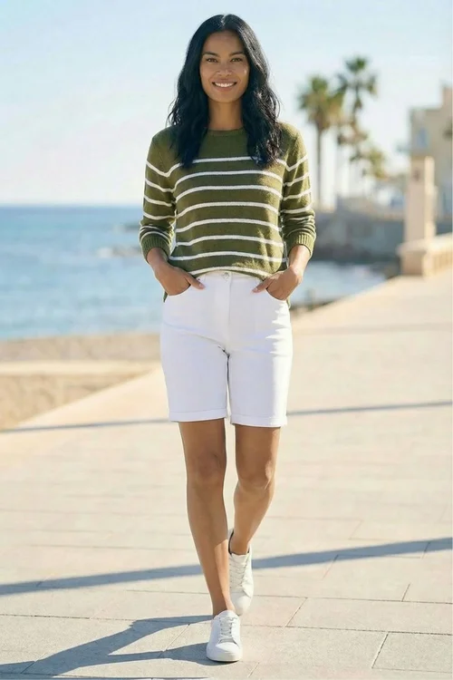 Roman Khaki Slash Neck Stripe Knit Jumper - L Image 1