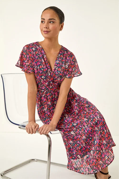 Roman Pink Petite Ditsy Floral Twist Midi Dress - 18 Image 2