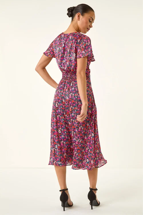Roman Pink Petite Ditsy Floral Twist Midi Dress - 18 Image 4
