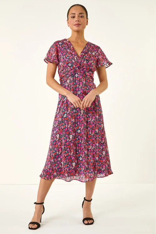 Roman Pink Petite Ditsy Floral Twist Midi Dress - 18 Image 3