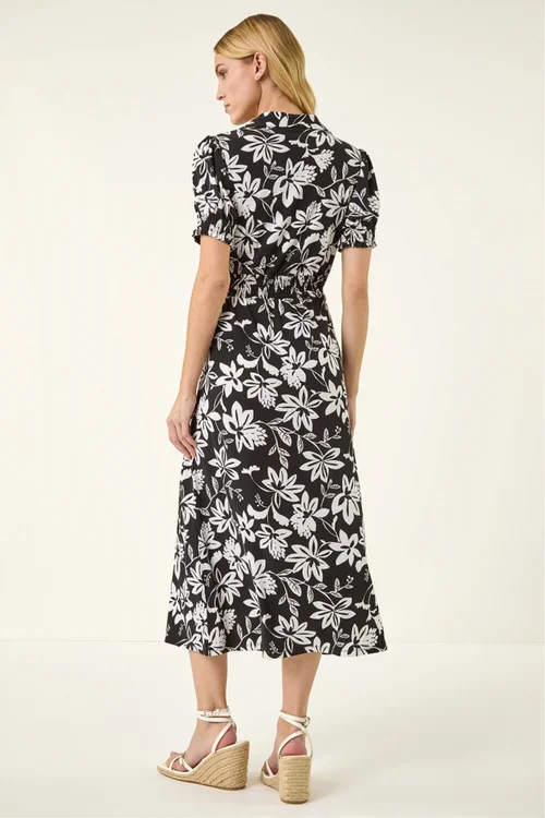 Roman Black Floral Shirred Collared Midi Dress - 20 Image 4