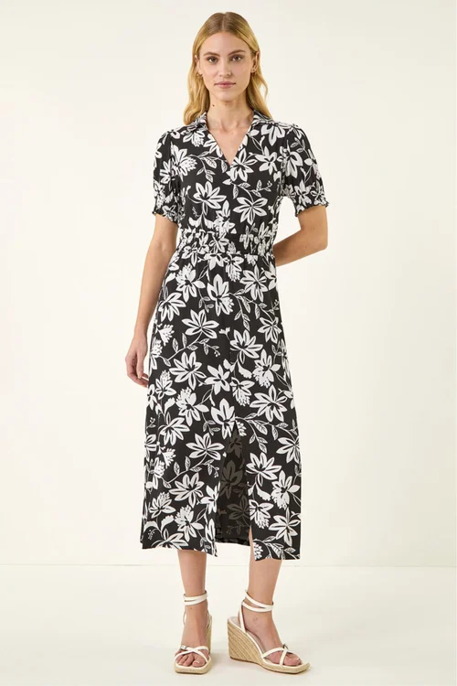 Roman Black Floral Shirred Collared Midi Dress - 20 Image 2