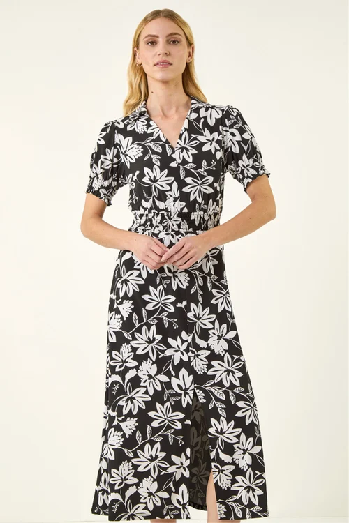 Roman Black Floral Shirred Collared Midi Dress - 20 Image 3