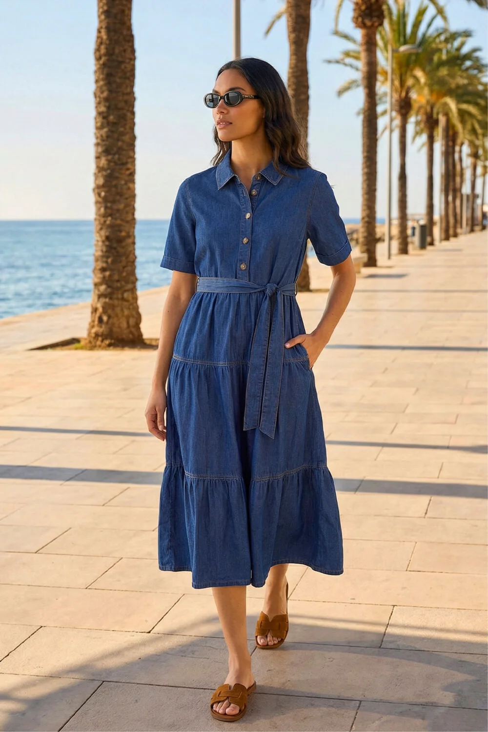 Roman Denim Button Detail Tiered Midi Dress - 20 Image 1
