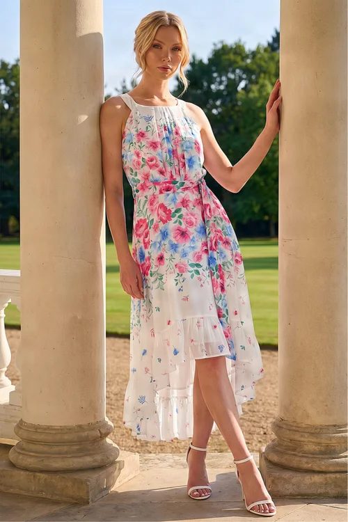 Roman Ivory Floral Print High Low Midi Dress - 10 Image 3